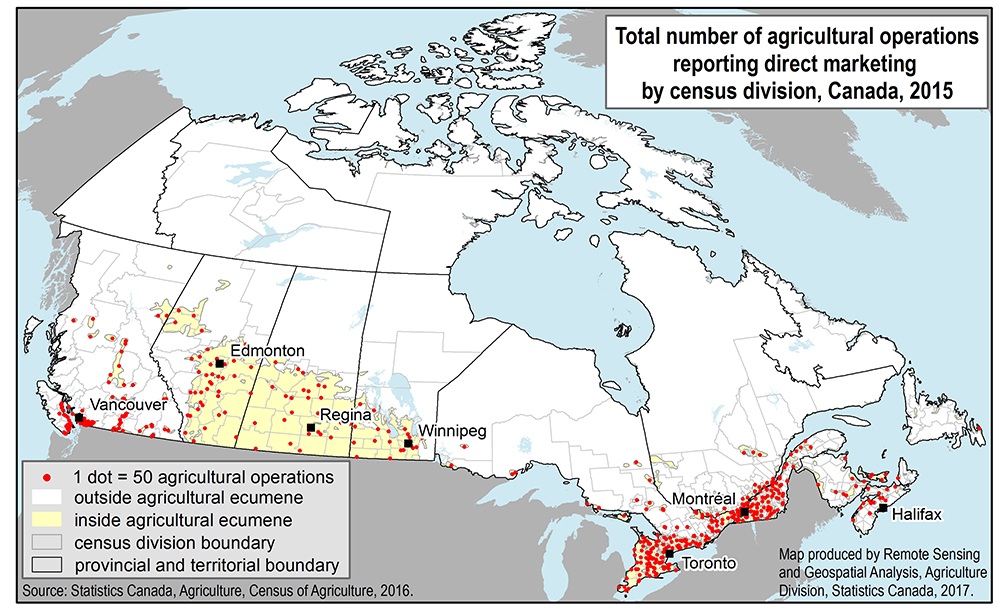 Map 1 Total number of agricultural operations reporting direct marketing by census division, Canada, 2015