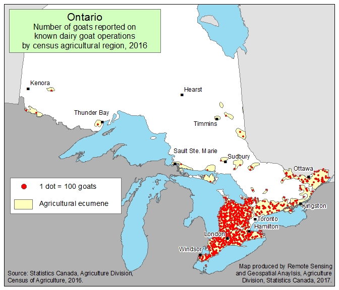 Ontario Goats reported on known dairy goats operations by census agricultural region, 2016