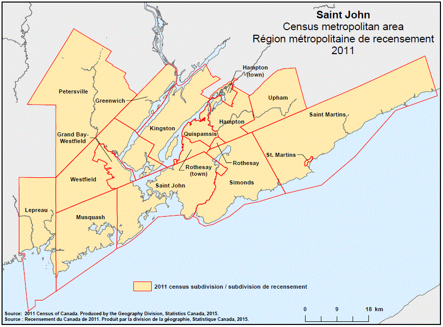 Carte géographique de la région métropolitaine de recensement 2011 de Saint John, Nouveau-Brunswick.