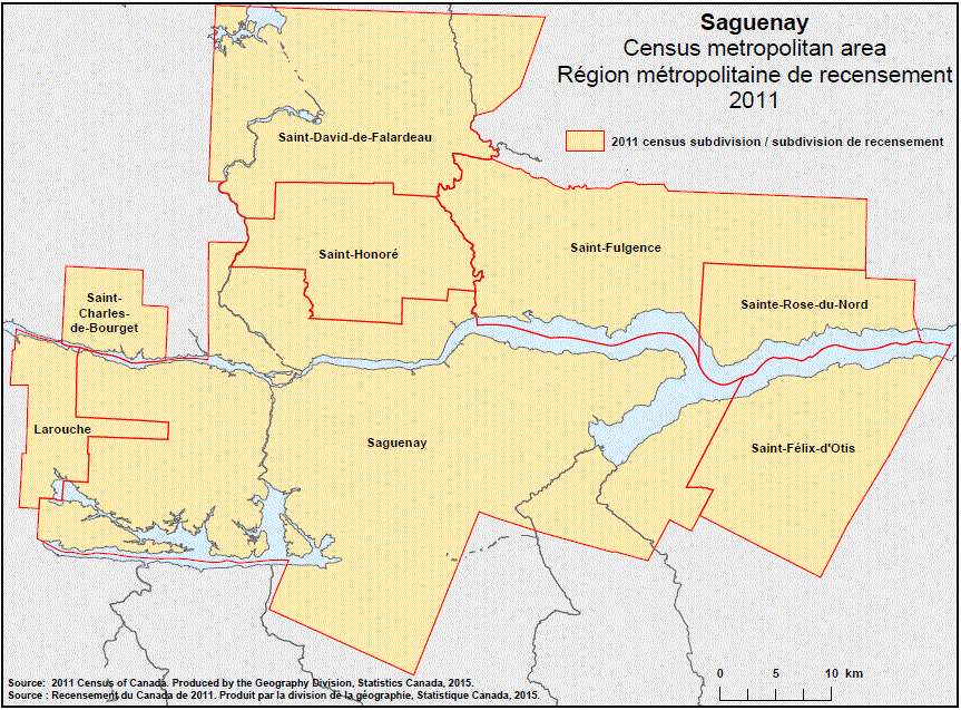 Carte géographique de la région métropolitaine de recensement 2011 de Saguenay, Québec.