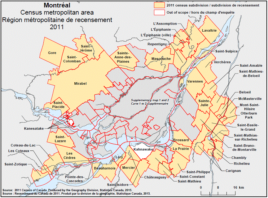 Geographical map of the 2011 Census metropolitan area of Montréal, Quebec – map 1 of 3.