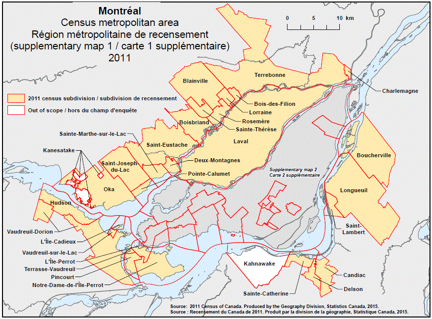 Carte géographique de la région métropolitaine de recensement 2011 de Montréal, Québec – carte 2 de 3.