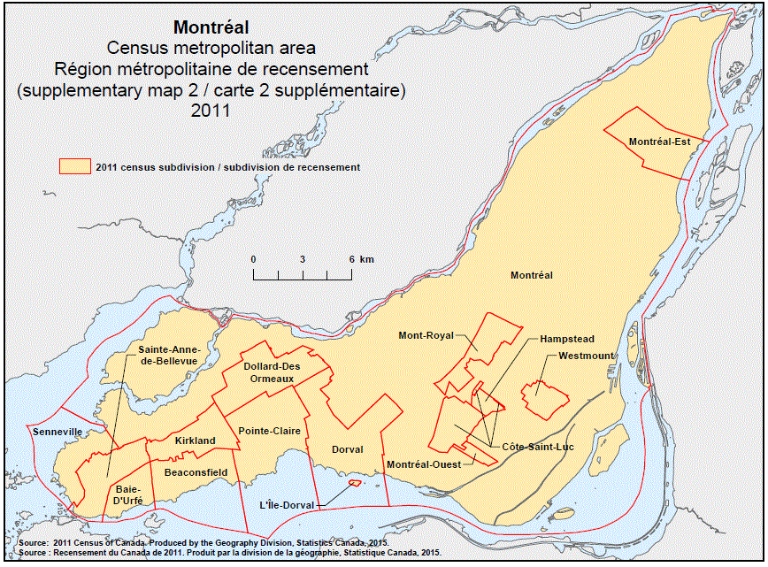 Carte géographique de la région métropolitaine de recensement 2011 de Montréal, Québec – carte 3 de 3.