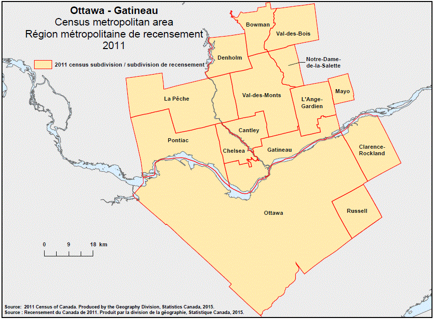 Carte géographique de la région métropolitaine de recensement 2011 d’Ottawa-Gatineau, Québec.