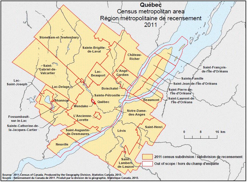 Carte géographique de la région métropolitaine de recensement 2011 de Québec, Québec.