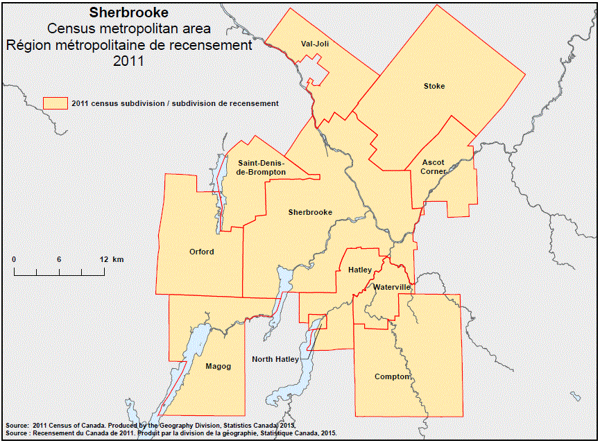 Carte géographique de la région métropolitaine de recensement 2011 de Sherbrooke, Québec.
