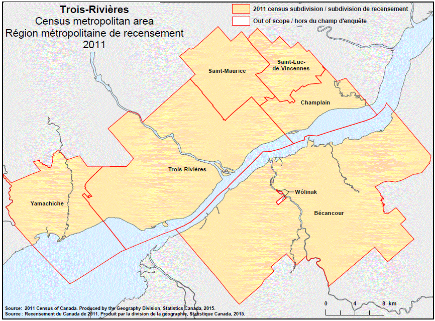 Geographical map of the 2011 Census metropolitan area of Trois-Rivières, Quebec.
