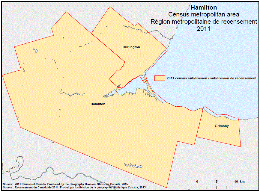 Geographical map of the 2011 Census metropolitan area of Hamilton, Ontario.