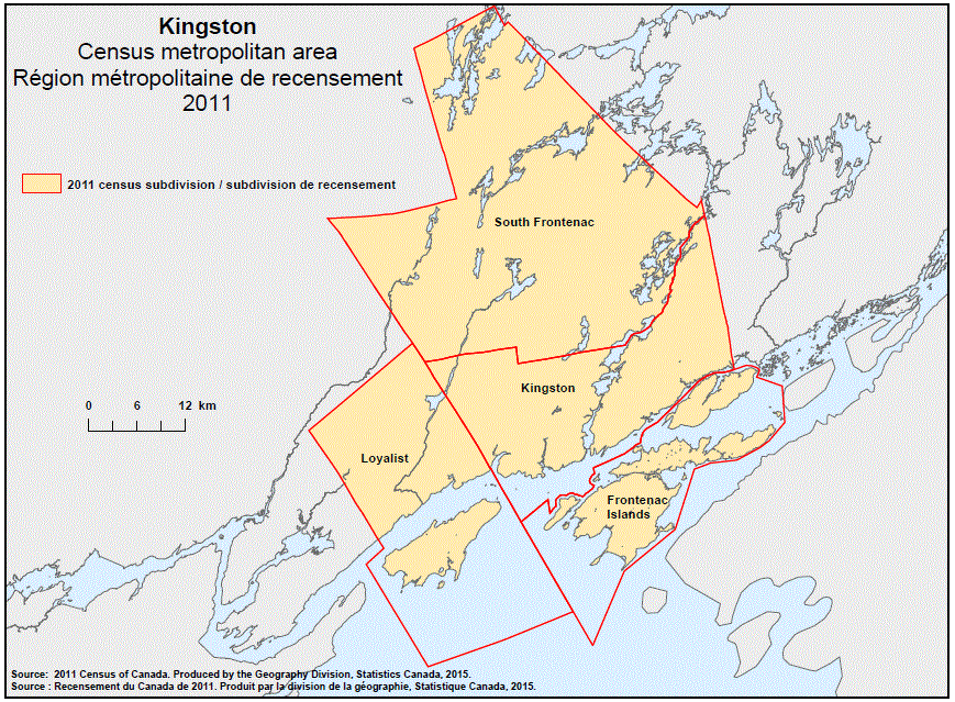 Carte géographique de la région métropolitaine de Recensement 2011 de Kingston, Ontario.