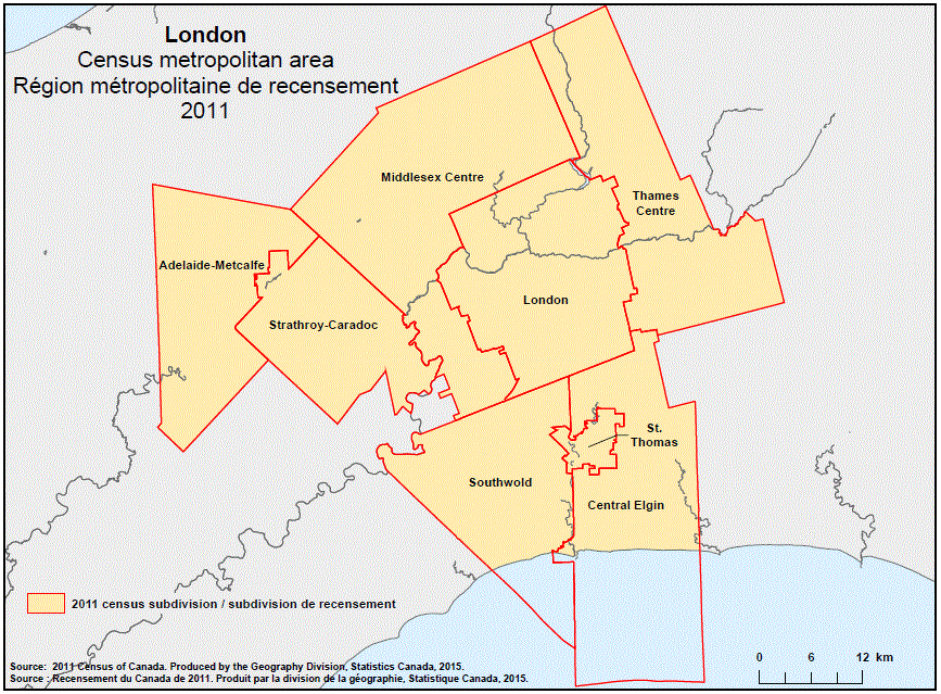 Geographical map of the 2011 Census metropolitan area of London, Ontario.