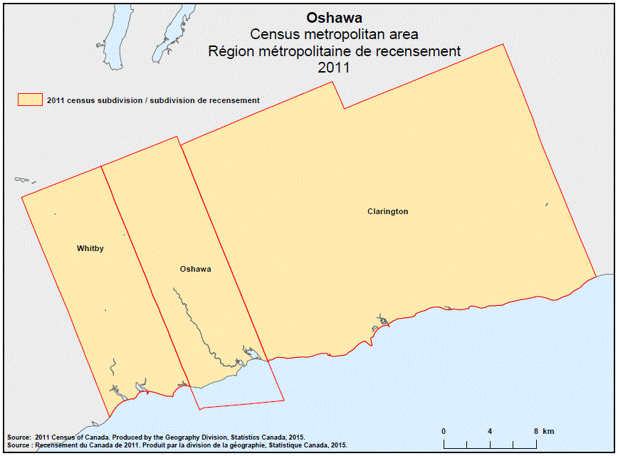 Carte géographique de la région métropolitaine de recensement 2011 d’Oshawa, Ontario.