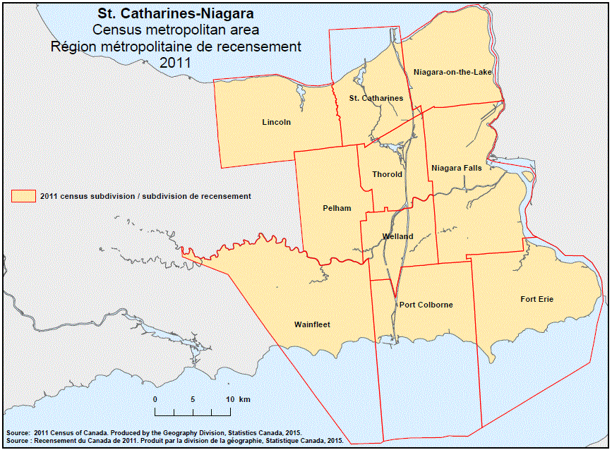 Carte géographique de la région métropolitaine de recensement 2011 de St. Catharines-Niagara, Ontario.