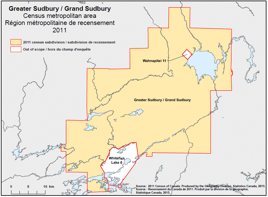 Carte géographique de la région métropolitaine de recensement 2011 de Grand Sudbury, Ontario.