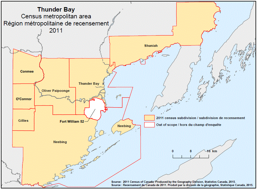 Geographical map of the 2011 Census metropolitan area of Thunder Bay, Ontario.