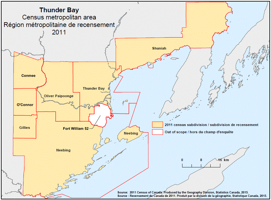 Carte géographique de la région métropolitaine de recensement 2011 de Thunder Bay, Ontario.