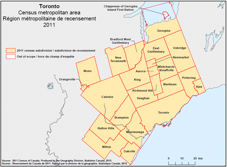 Geographical map of the 2011 Census metropolitan area of Toronto, Ontario.