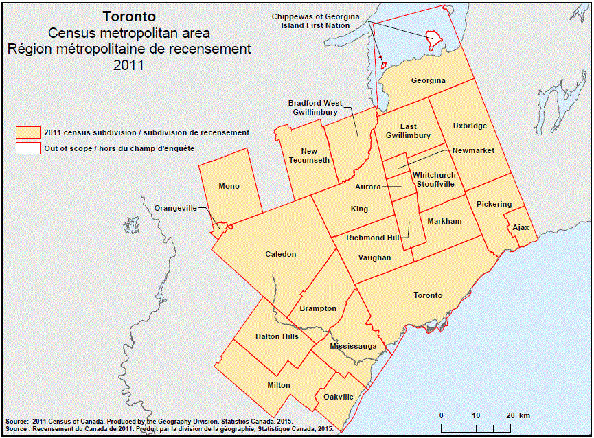 Carte géographique de la région métropolitaine de recensement 2011 de Toronto, Ontario.