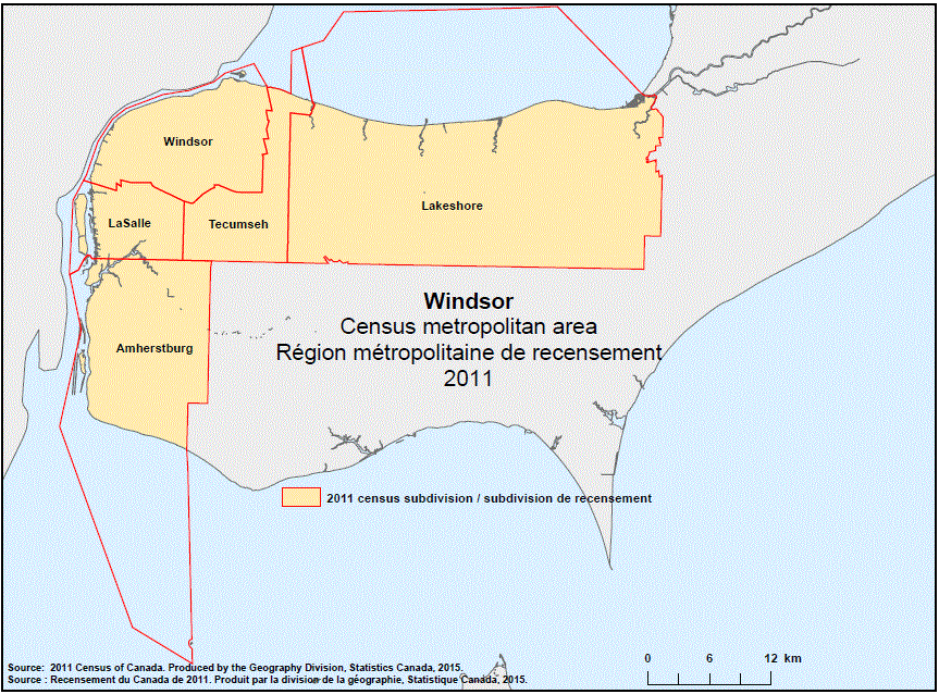 Geographical map of the 2011 Census metropolitan area of Windsor, Ontario.
