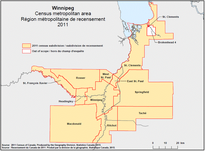 Geographical map of the 2011 Census metropolitan area of Winnipeg, Manitoba.