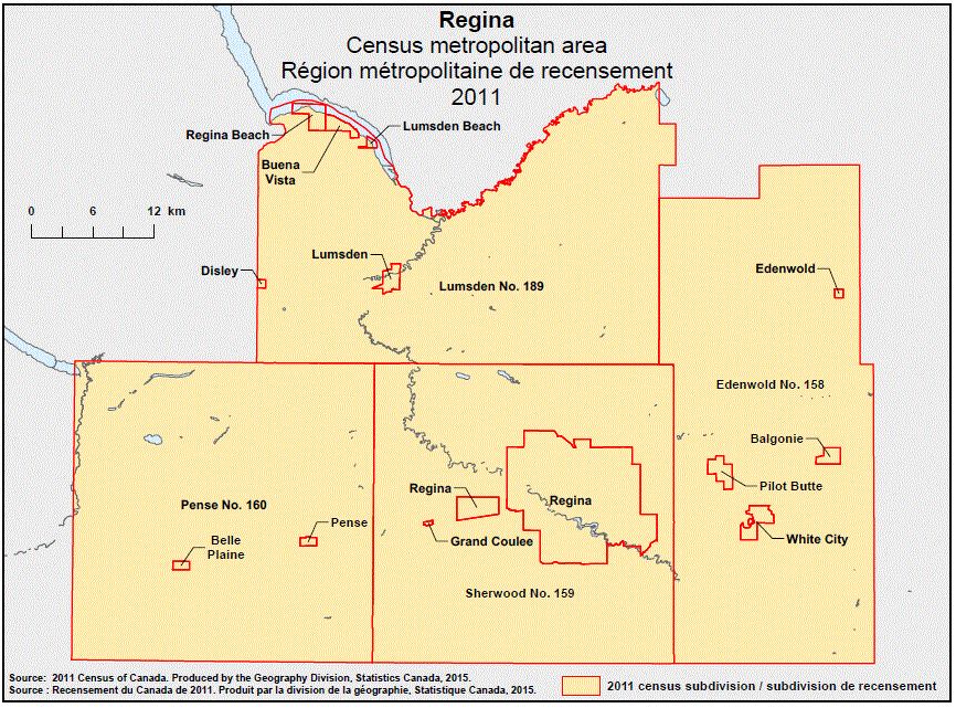 Carte géographique de la région métropolitaine de recensement 2011 de Regina, Saskatchewan.