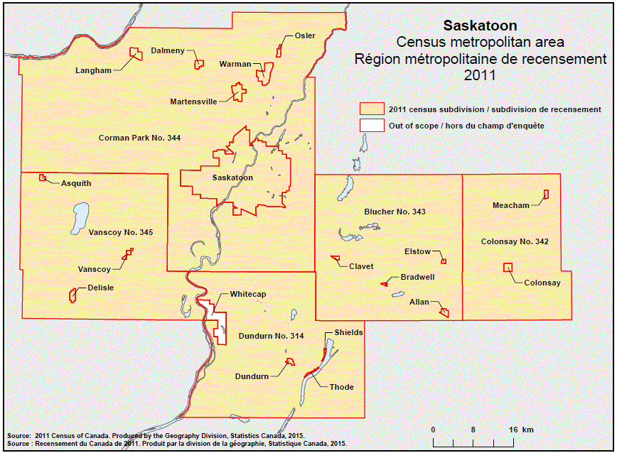 Carte géographique de la région métropolitaine de recensement 2011 de Saskatoon, Saskatchewan.