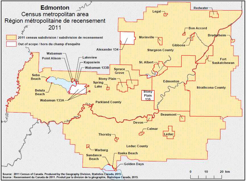 Carte géographique de la région métropolitaine de recensement 2011 d’Edmonton, Alberta.