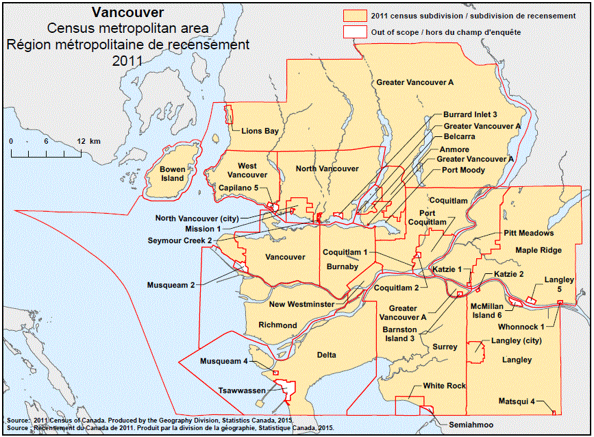 Geographical map of the 2011 Census metropolitan area of Vancouver