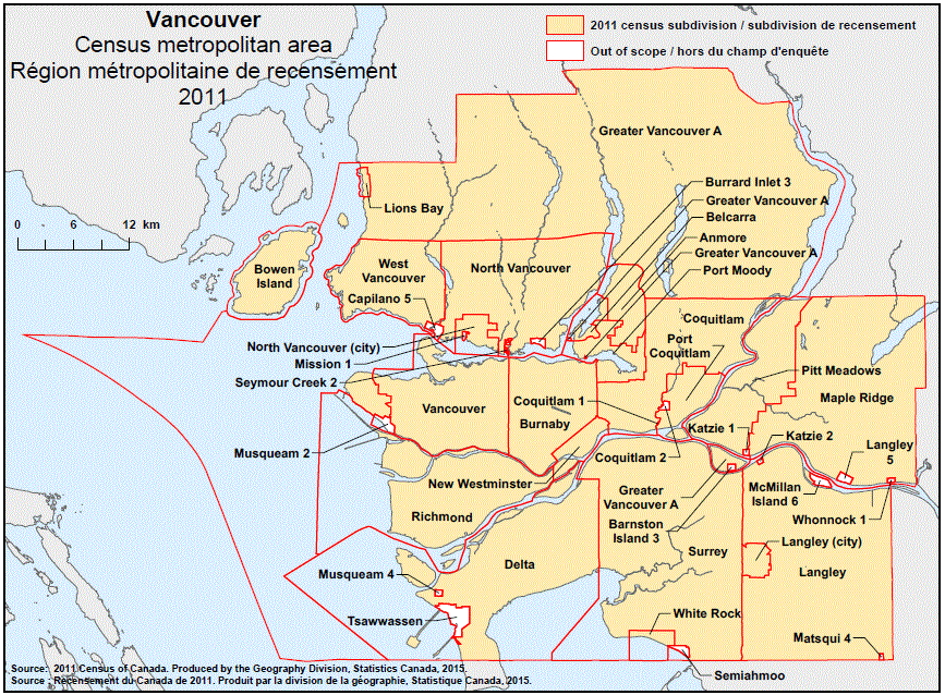 Carte géographique de la région métropolitaine de recensement 2011 de Vancouver, Colombie-Britannique.
