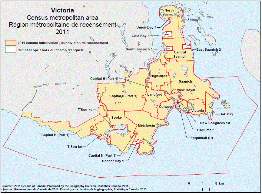 Carte géographique de la région métropolitaine de recensement 2011 de Victoria, Colombie-Britannique.