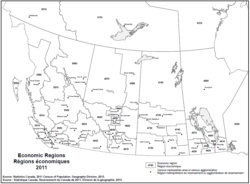 Carte géographique des régions économiques 2011 de l'Ouest.