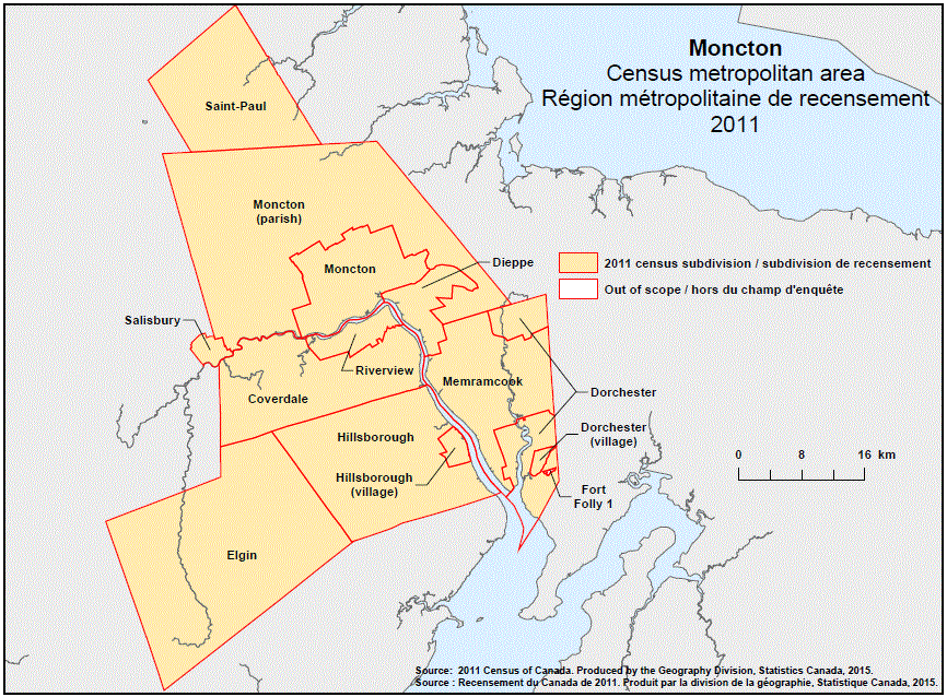 Geographical map of the 2011 Census metropolitan area of Moncton, New