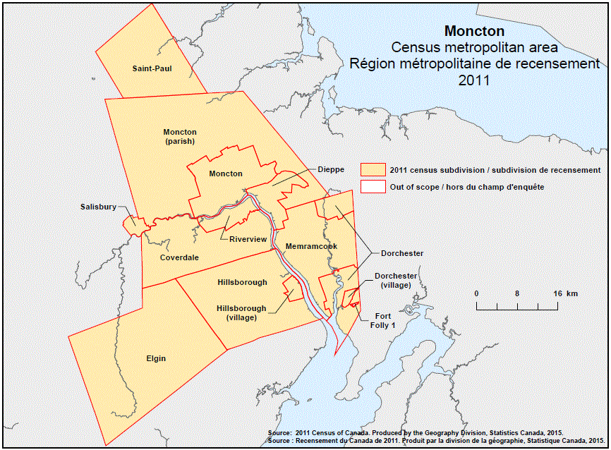 Carte géographique de la région métropolitaine de recensement 2011 de Moncton, Nouveau Brunswick.