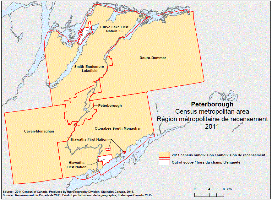 Carte géographique de la région métropolitaine de recensement 2011 de Peterborough, Ontario.