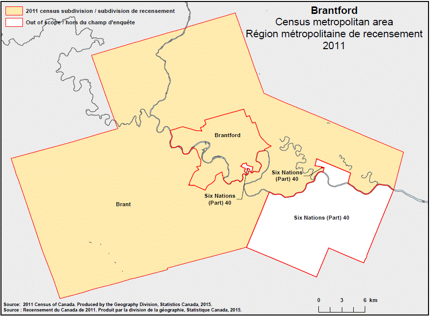 Geographical map of 2011 Census metropolitan area of Brantford, Ontario.