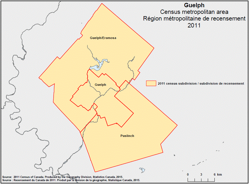 Carte géographique de la région métropolitaine de recensement 2011 de Guelph, Ontario.