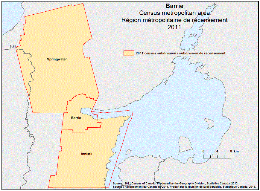 Geographical map of 2011 Census metropolitan area of Barrie, Ontario.