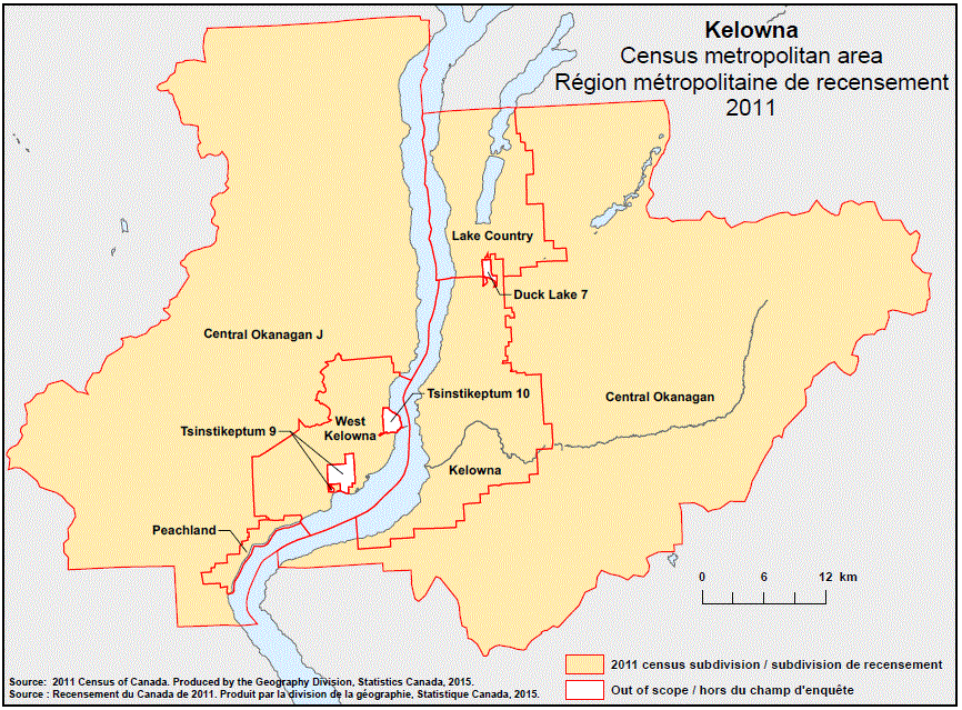Carte géographique de la région métropolitaine de recensement 2011 de Kelowna, Colombie-Britannique.