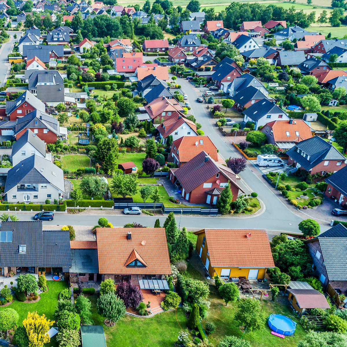 Aerial view of a suburb with detached houses