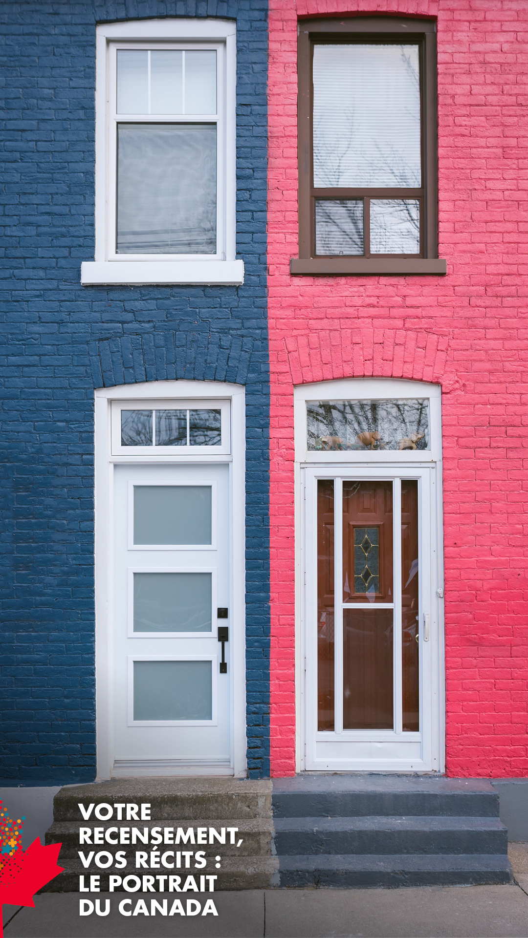 Votre recensement, vos récits : Le portrait du Canada - Deux maisons en rangée en briques peintes en rose et bleu