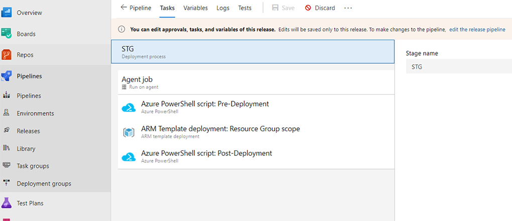 Screenshot of Pipeline components in Azure DevOps. 