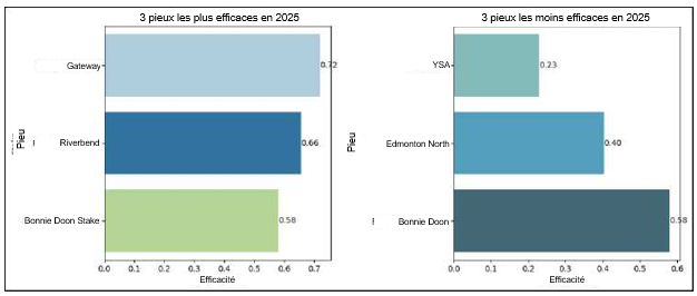 Perspectives d’efficacité sur 12 mois : les trois pieux les plus performants et les trois moins performants 