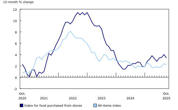 Consumer Price Index for food purchased from stores, 12-month percentage change 