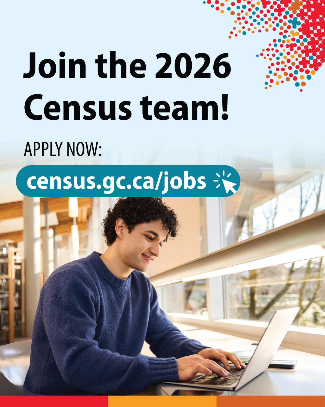 (Photo of a man sitting, working on a laptop) Join the 2026 Census team! Apply now: census.gc.ca/jobs