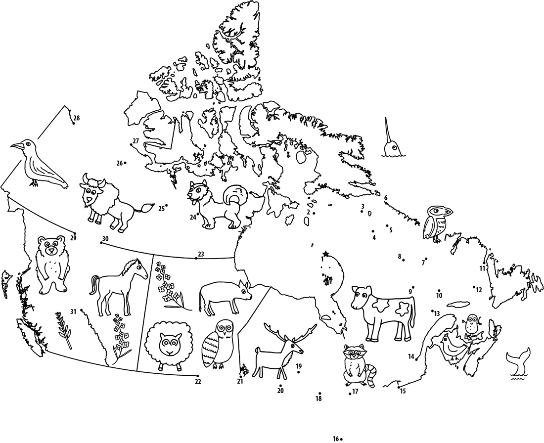 Image of a map of Canada with part of the outline missing and replace with numbered dots. There are also images of animals and plants on the map. 