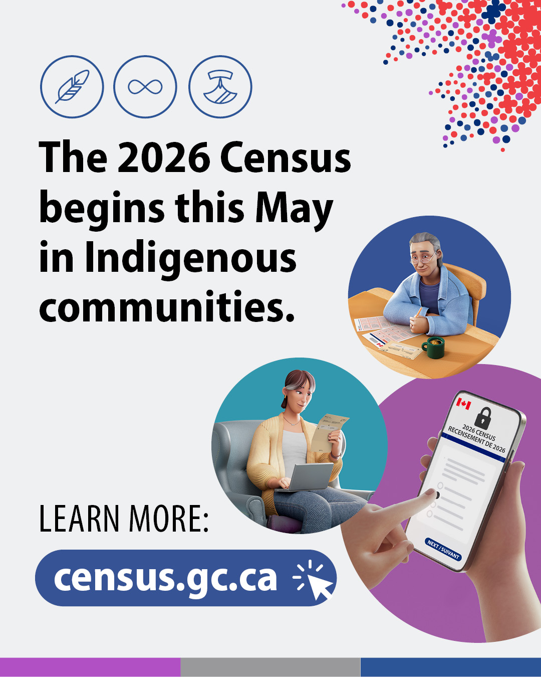(Illustrations of a eldery man filling out a paper census questionnaire, of a woman working on her laptop looking at a the Census invitation letter, of a hand selecting a reponse to a census question on a smartphone) The 2026 Census begins this May in Indigenous communities. Learn more: census.gc.ca