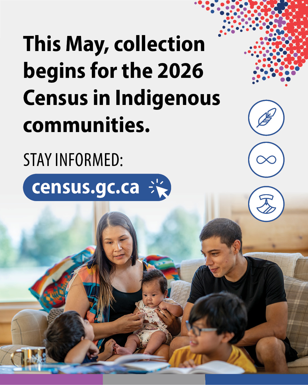 (Photo of an Indigenous family sitting on a couch.) This May, collection begins for the 2026 Census in Indigenous communities. Stay informed: census.gc.ca