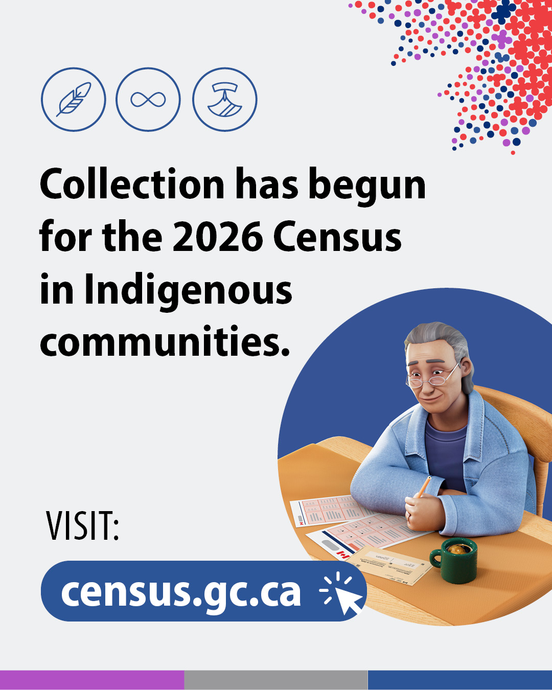 (Illustration of an elderly man filling out a paper census questionnaire.) Collection has begun for the 2026 Census in Indigenous communities. Visit: census.gc.ca