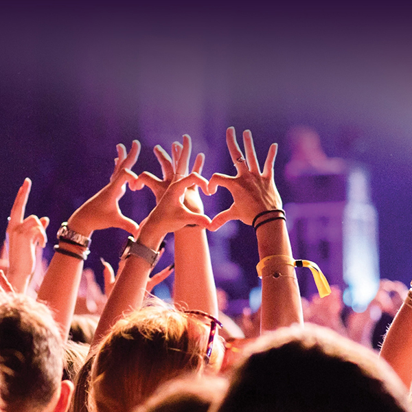 Foule avec les mains levées au concert. 