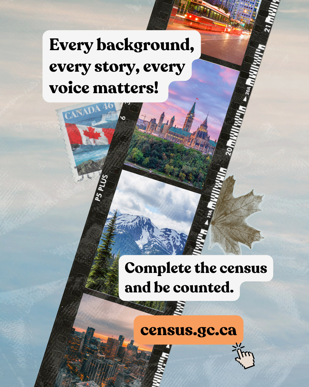 Design 2: Every background, every story, every voice matters! Complete the census and be counted. census.gc.ca 