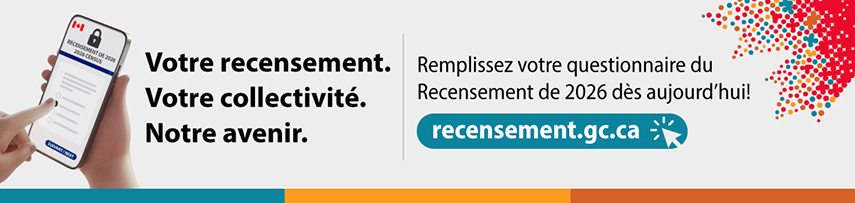 (Illustration d'une main sélectionnant une réponse à une question du recensement sur un téléphone intelligent.) Votre recensement. Votre collectivité. Notre avenir. Remplissez votre questionnaire du Recensement de 2026 dès aujourd’hui! recensement.gc.ca
